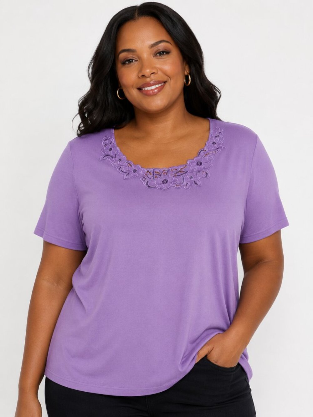 Tradition Purple Embroidered Scoop Neck Top Women's Large 16 Short Sleeve Casual
